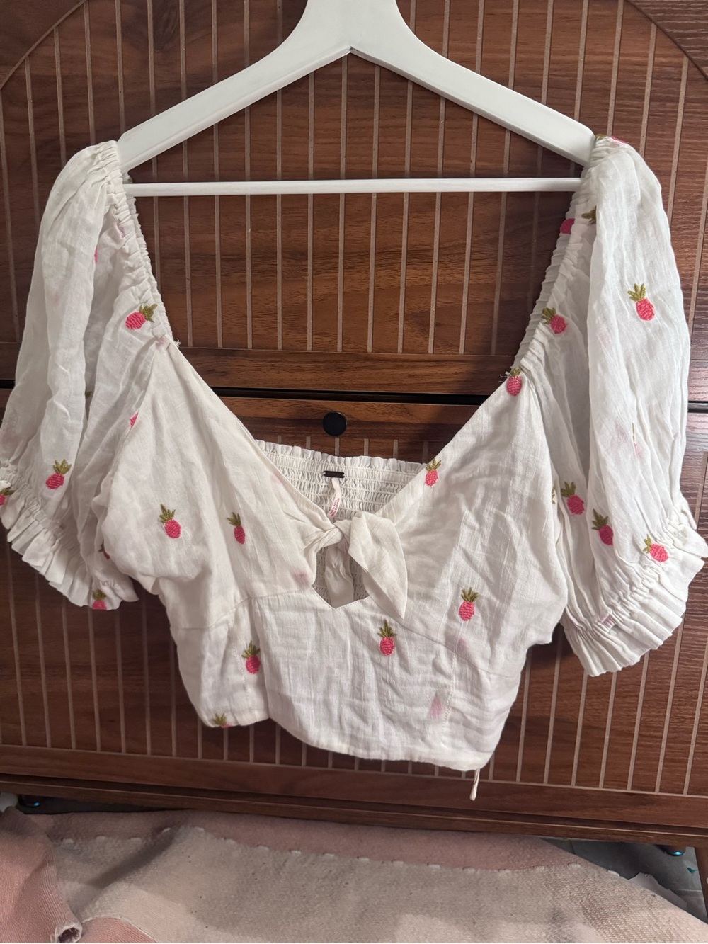 Free People White Crop Top with Pink Fruit Embroidery